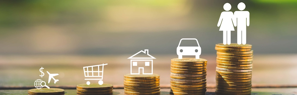 investment concept insurance for family. stack coin with couple man and woman with money saving for lifestyle travel shopping home and cars build the future